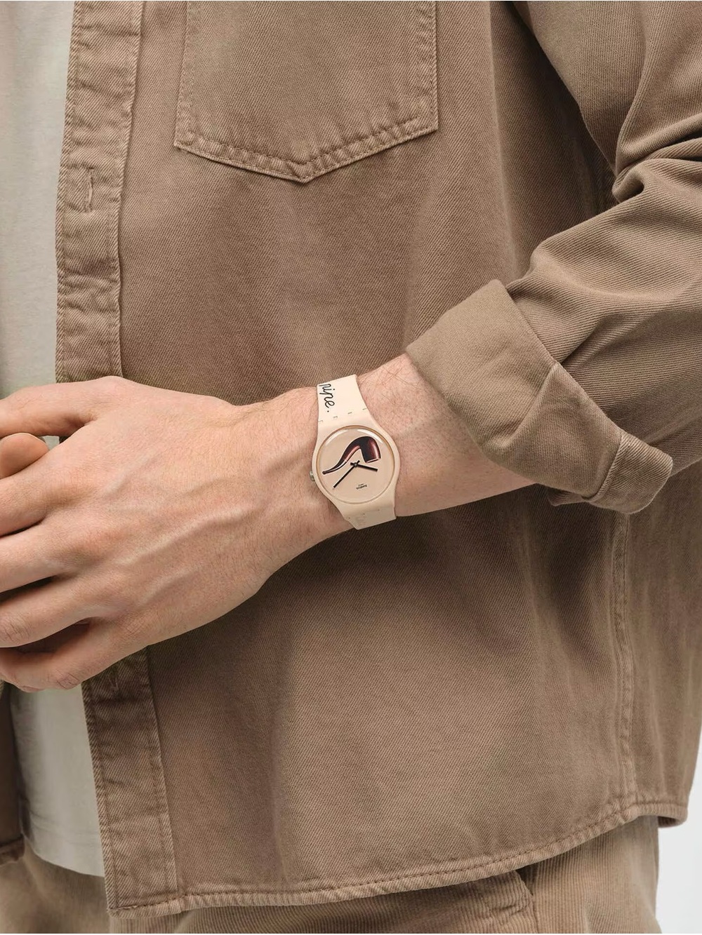 Swatch Beige Silicone Watch with Minimal Abstract Dial